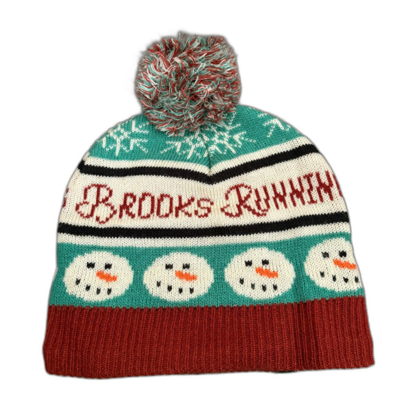 Brooks Running Christmas Knit Pompom Beanie Snowman Holiday Festive One Size - Picture 5 of 5